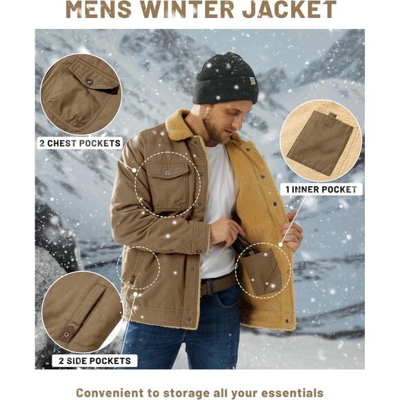 Tacvasen Men's Khaki Cotton Winter Fleece Lined Casual Warm Sherpa Jacket - Picture 4 of 6